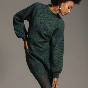 Anthropologie Maeve Dark Green Mock Neck Floral Patterned Sweater Dress